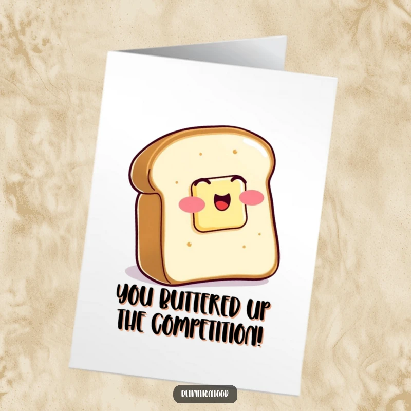 Funny Free Printable Congrats Card: Buttered toast wiggles with glee, celebrating achievements. A humorous and downloadable greeting.