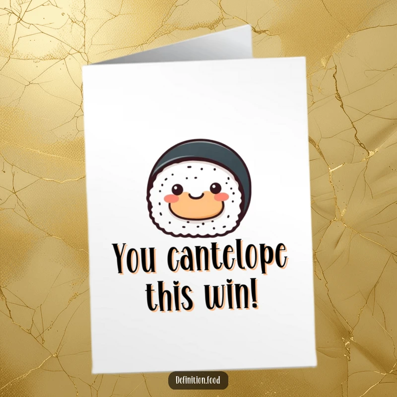 Funny Free Printable Congratulations Card with a sushi roll presenting a tiny abstract food shape, celebrating success.