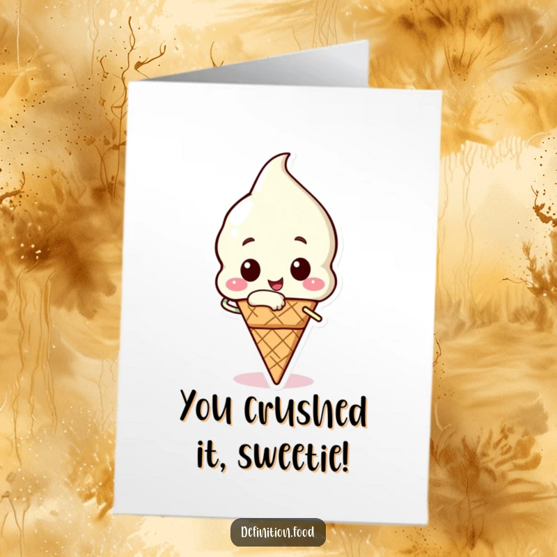 Funny Free Printable Ice Cream Congratulations Card: happy ice cream cone character taking a triumphant bite, celebrating success, downloadable art.