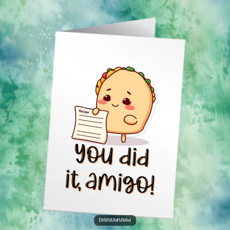 Funny Free Printable Congratulations Card featuring a taco character contemplating a recipe, perfect for any celebration.