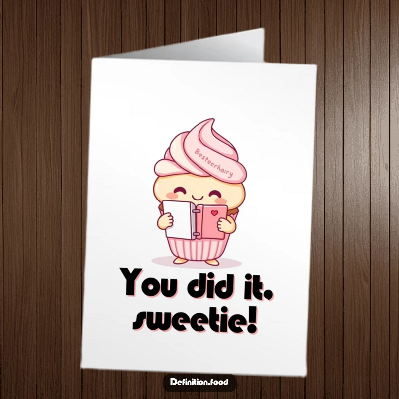 Free printable congratulations card with a happy cupcake character presenting a small dictionary, symbolizing smart success. A cheerful greeting.