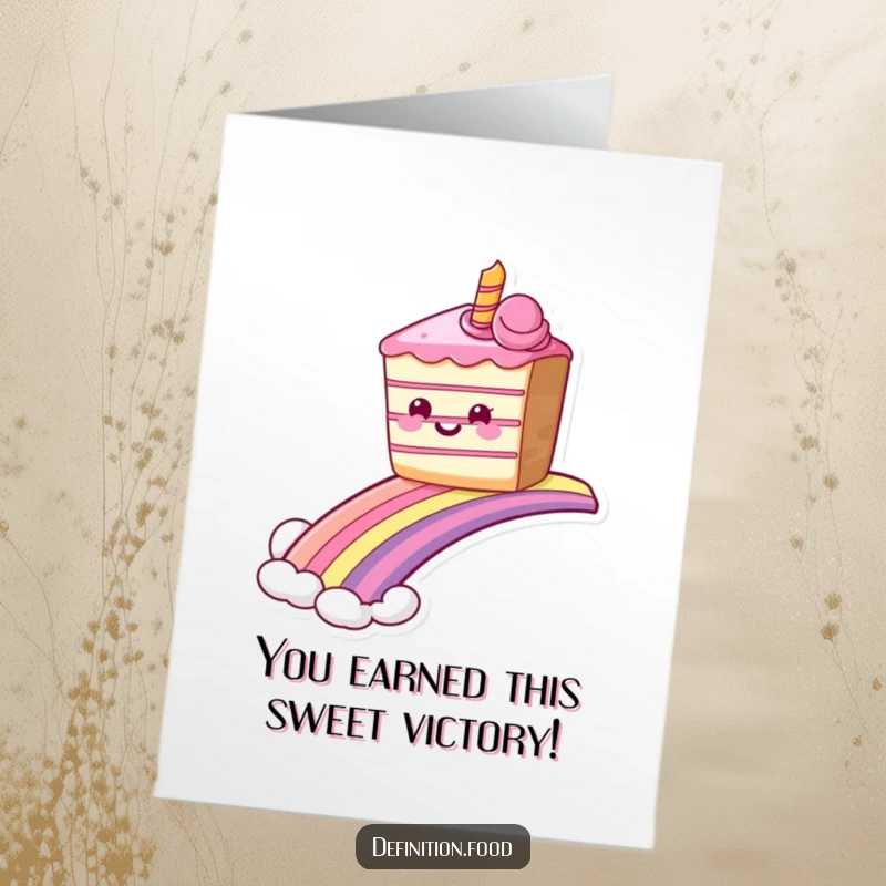 Funny Free Printable Congratulations Card: A grinning cake sliding down a rainbow, celebrating success with a sweet and joyful slide.