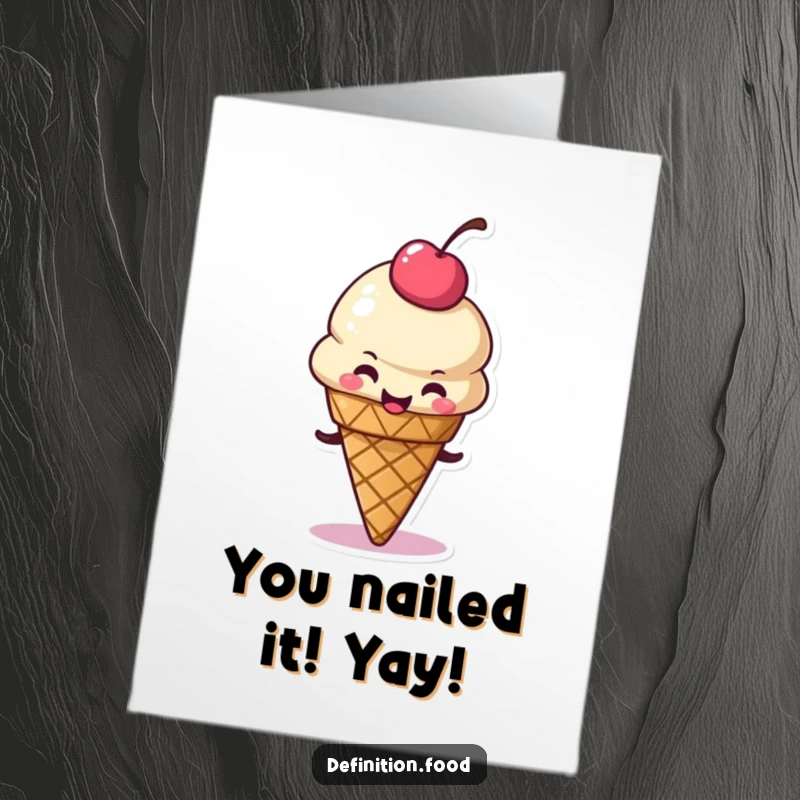 Free Printable congratulations card with a delighted ice cream cone character playfully wiggling its cherry, celebrating a win.