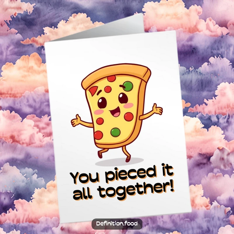 Funny Free Printable Pizza Congratulations Card: playful pizza character doing a jig, celebrating success, downloadable art.