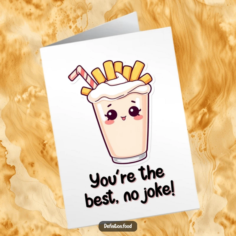 Free Printable Congratulations Card: A curious french fry character emerges from a milkshake, celebrating success.