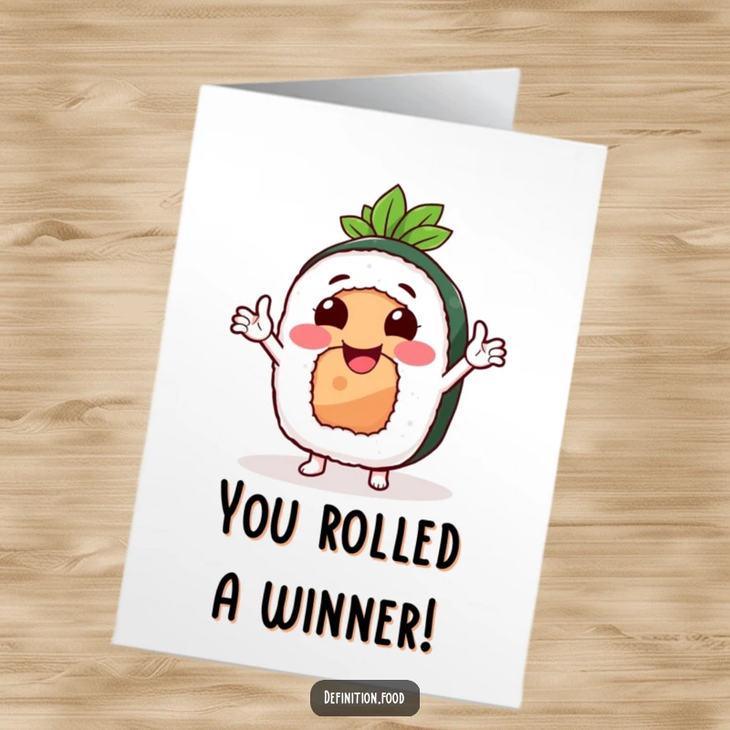 Funny free printable congratulations card featuring a smiling sushi roll character with tiny arms gesturing enthusiastically, celebrating success.