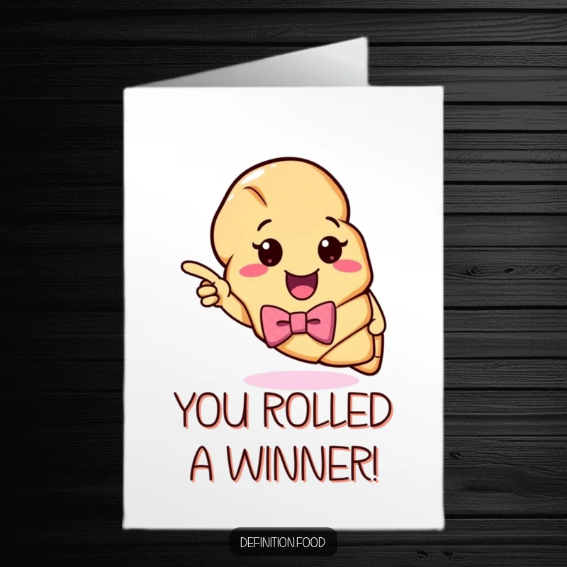 Funny Free Printable Congratulations Card: Sophisticated croissant with bow tie pointing to its witty definition, showering congratulations.