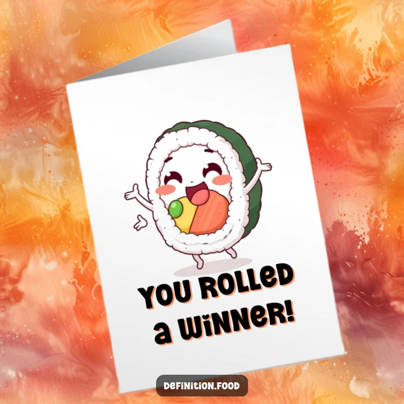 Funny Free Printable Sushi Congratulations Card: delighted sushi roll doing a pirouette, celebrating achievements, downloadable art.