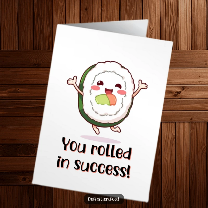 Funny Free Printable sushi roll character joyfully leaping, celebrating achievements with a cheerful sushi smile.