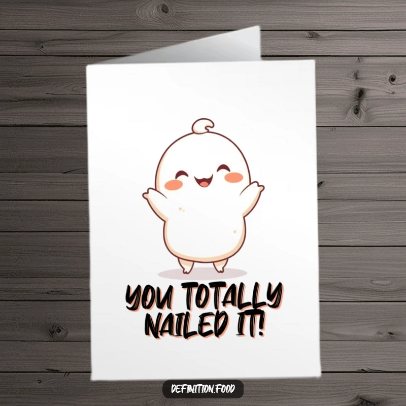 Funny Free Printable Congratulations Card: A cheerful dumpling character performs a tiny dance, ideal for a fun DIY gift.