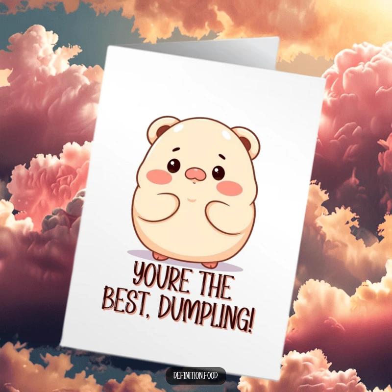 Free printable congratulations card with a proud dumpling character looking thoughtful, celebrating a significant achievement. A unique sentiment.