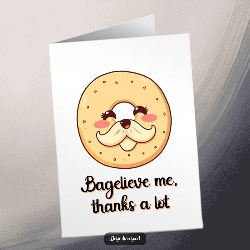 Funny Free Printable thank you card featuring a smiling bagel character proudly displaying a cream cheese mustache, conveying warm thanks.