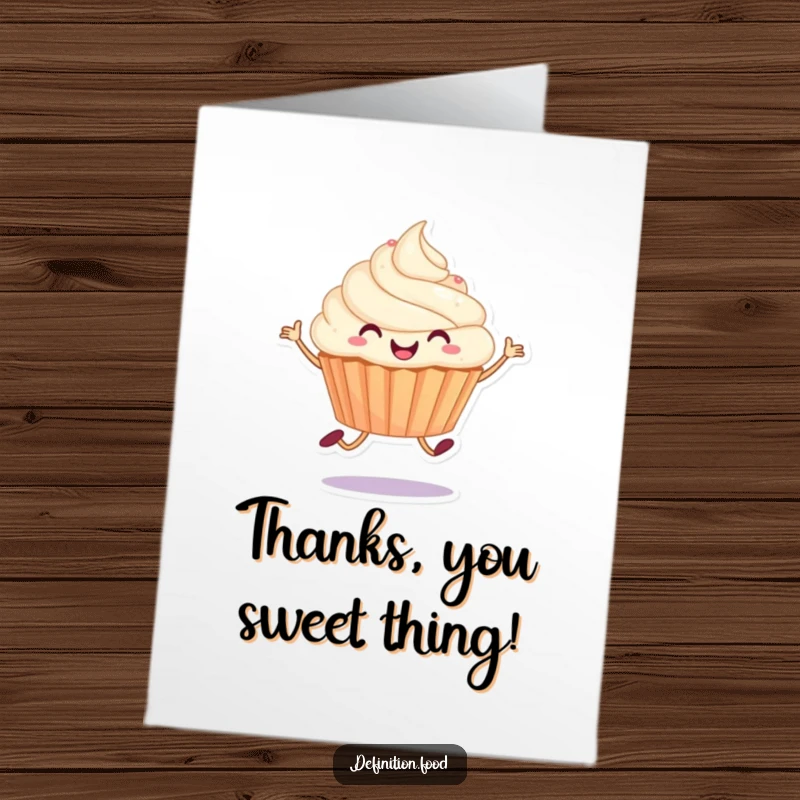 Funny Free Printable Thank You Card of a happy cupcake character in motion, doing a delightful little hop.