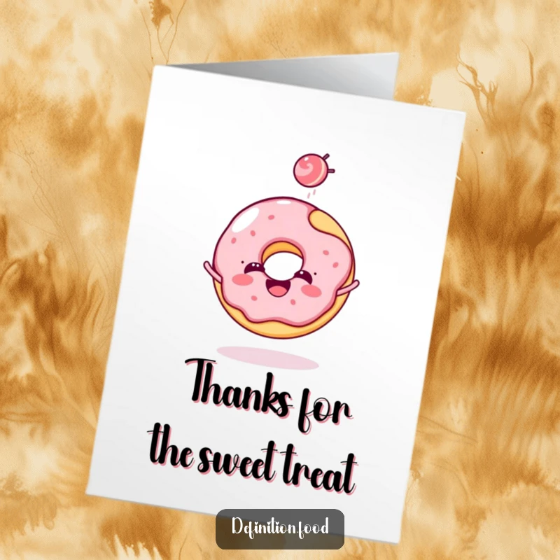 Funny Free Printable Donut Thank You Card: cheerful donut character tossing candy, expressing thanks, downloadable art.