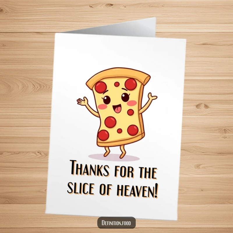 Funny Free Printable Thank You Card: A giggling pizza slice with pepperoni spots performing a tango, expressing heartfelt thanks.