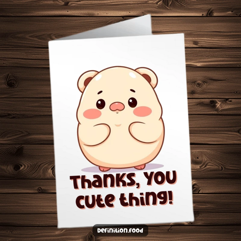 Funny free printable thank you card showcasing a proud dumpling character in a thoughtful pose, conveying sincere gratitude. A unique message.