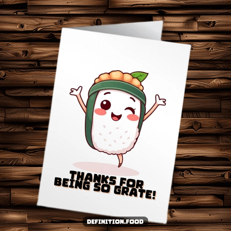 Funny Free Printable Thank You Card: A joyful sushi character performing a happy dance, conveying thanks with a playful spirit.