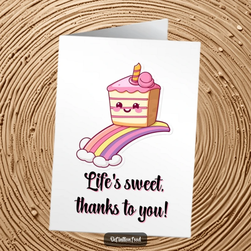 Funny Free Printable Thank You Card: A grinning cake sliding down a rainbow, conveying thanks with sweet, colorful joy.