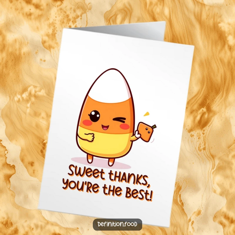 Funny Free Printable Thank You Card: A candy corn character winks, pointing at a food icon to express thanks.