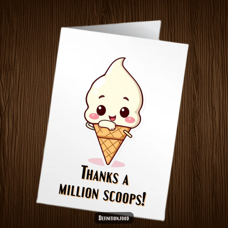 Funny Free Printable Ice Cream Thank You Card: happy ice cream cone character taking a triumphant bite, expressing thanks, downloadable art.