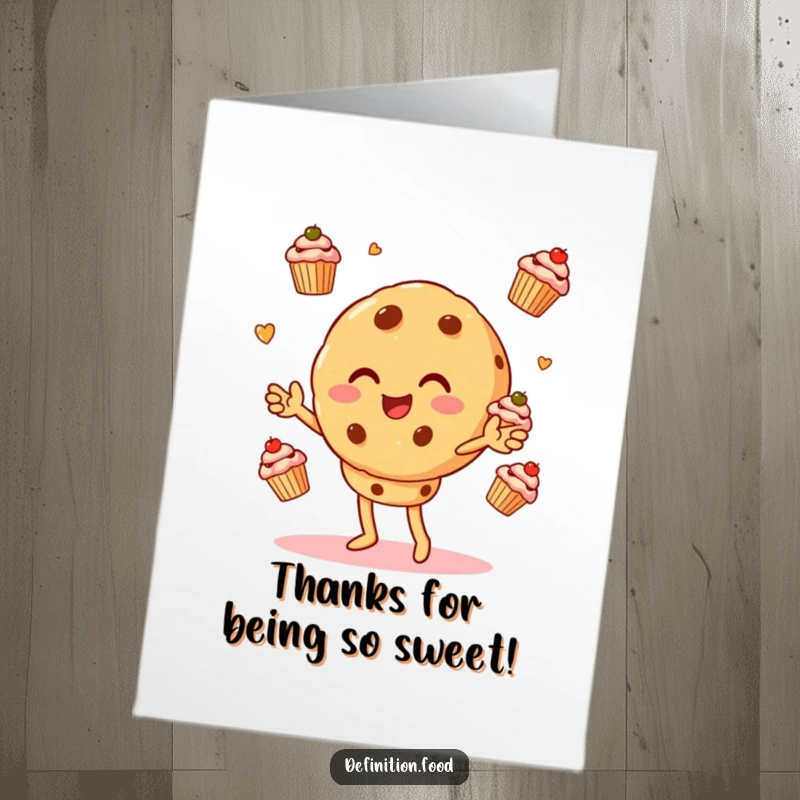 Funny Free Printable Thank You Card: A cookie character juggling tiny cupcakes, expressing thanks with a cheerful and whimsical vibe.