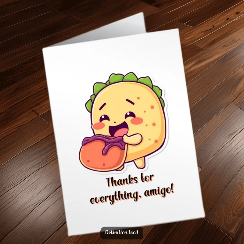 Funny Free Printable Thank You Card: A smiling taco character taking a huge bite from another taco, expressing gratitude with humor.