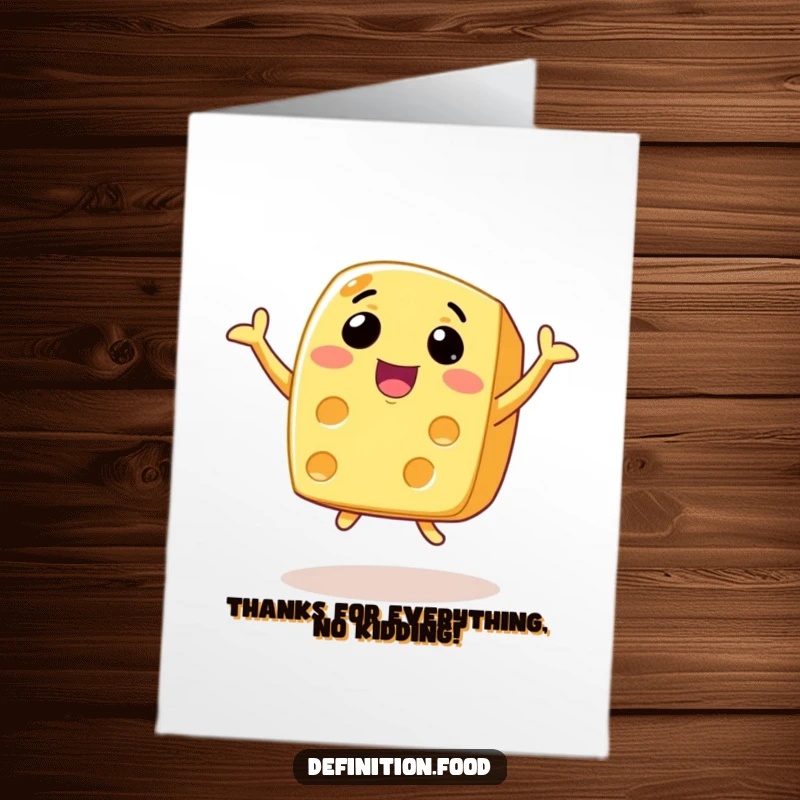 Funny Free Printable Thank You Card with an animated cheese character, wide smile, jumping for joy.
