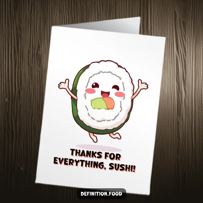 Funny Free Printable sushi roll character leaping happily, offering a cheerful thank you with a smile.