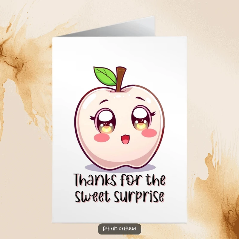 Funny Free Printable Thank You Card of a candy apple character with wide, sparkling eyes, looking sweetly surprised.