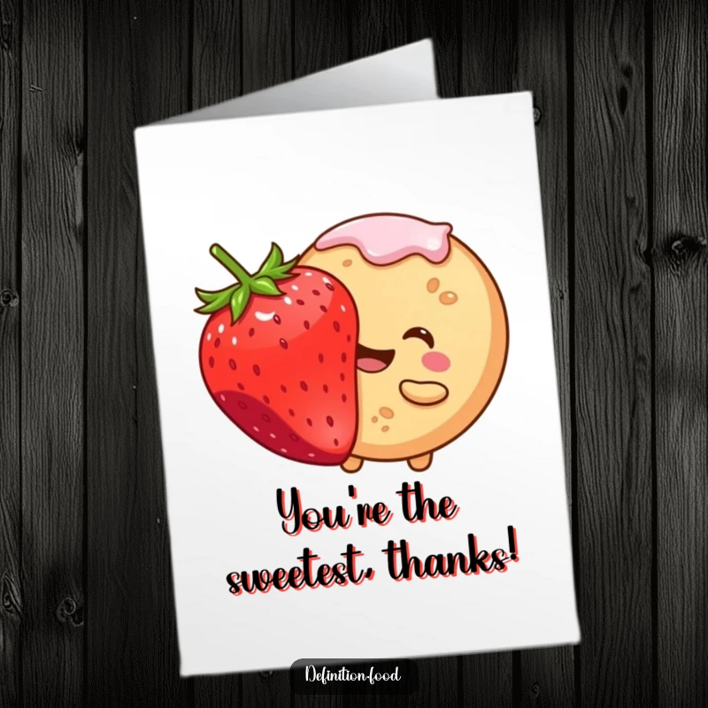 Funny free printable thank you card with a smiling cookie character taking a bite from a giant strawberry, expressing sweet thanks.