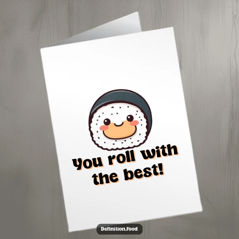 Funny Free Printable Thank You Card featuring a happy sushi roll offering a little abstract food shape, gesture of thanks.