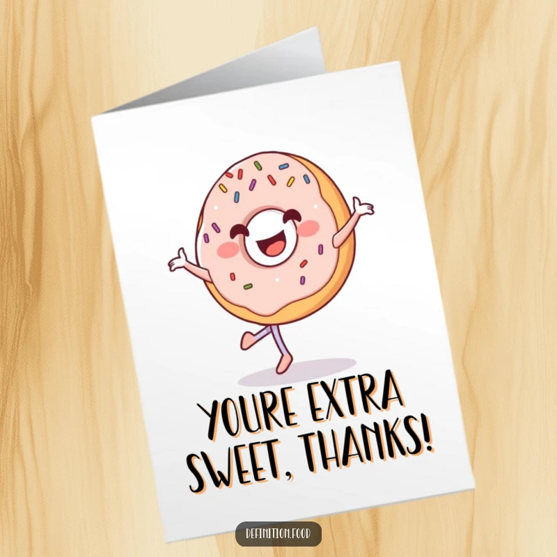 Funny Free Printable Thank You Card with a grinning donut character with sprinkles, doing a happy pirouette.