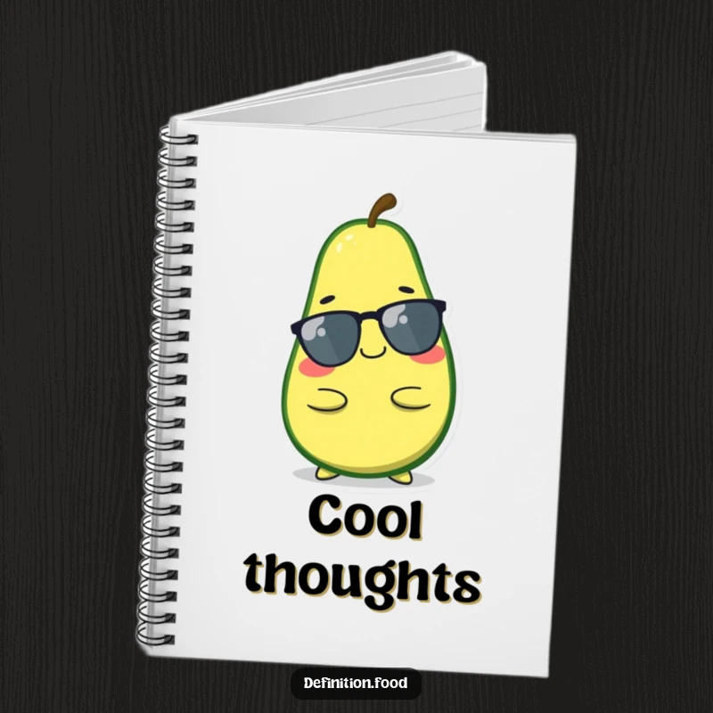 Funny avocado notebook, cover features a smiling character in a relaxed pose, ideal for journaling, a cool funny gift.