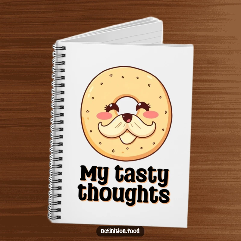 Funny notebook with a smiling bagel character proudly sporting a cream cheese mustache, ideal for jotting down ideas with breakfast-themed humor.