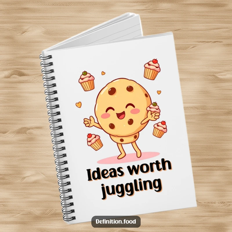 Funny notebook cover depicting a cookie character skillfully juggling multiple tiny cupcakes, ready for creative notes and inspiration.
