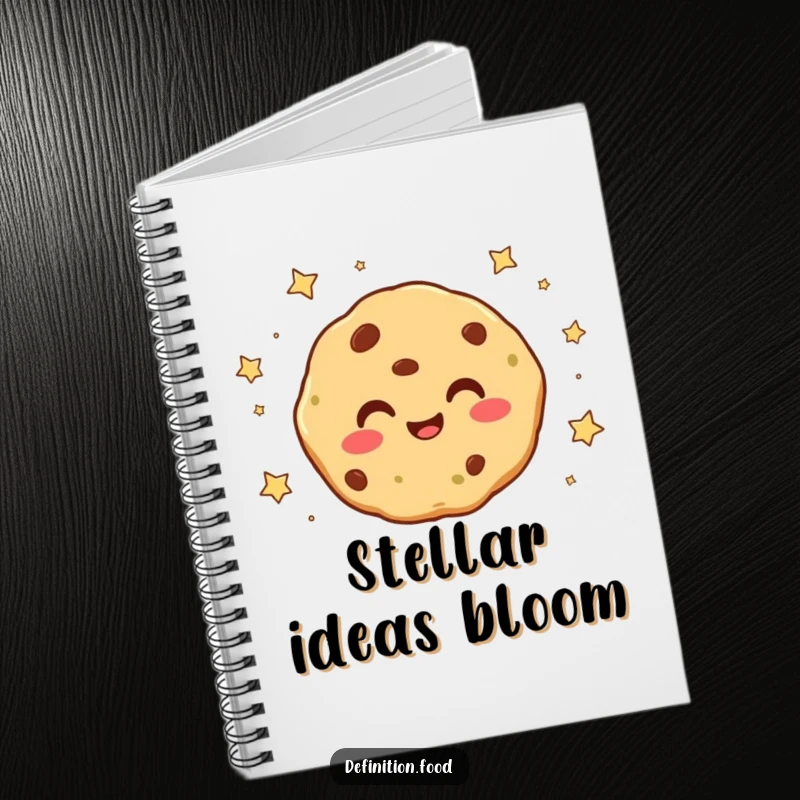 Funny smiling cookie character with tiny stars falling around it on a notebook cover, perfect for magical journaling and note-taking.