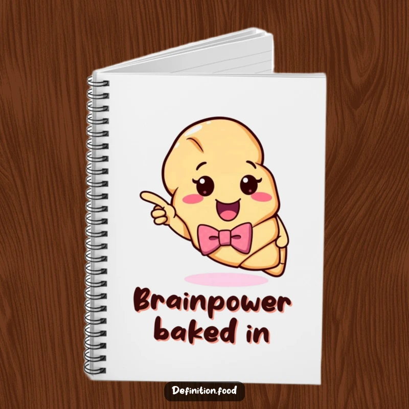 Funny Croissant Definition Notebook: A cheerful croissant in a bow tie points to a vibrant definition, encouraging funny notes and ideas.