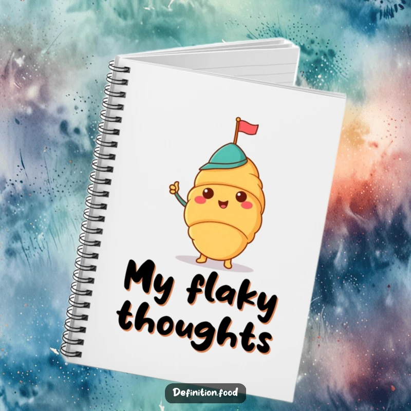 Funny notebook with a cheerful croissant in a jaunty hat waving a tiny flag, great for notes.