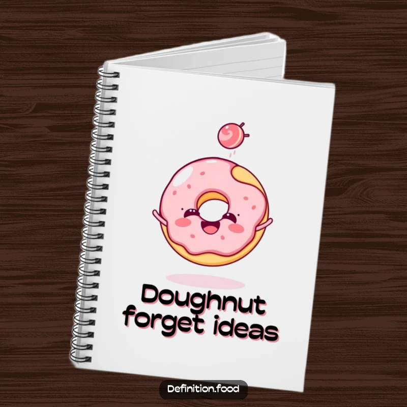 Funny donut notebook with a cheerful donut character joyfully tossing a tiny candy, perfect for notes and doodles.