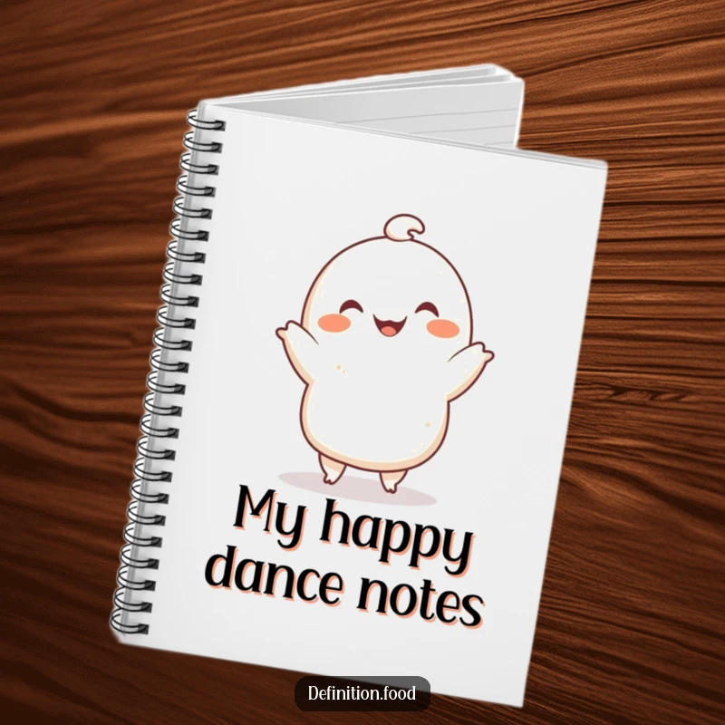 Funny notebook featuring a smiling dumpling character doing a cute dance, perfect for notes and doodles, a funny gift.