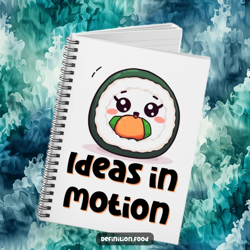 Funny cute sushi roll notebook with wide eyes, depicted spinning excitedly across the cover.