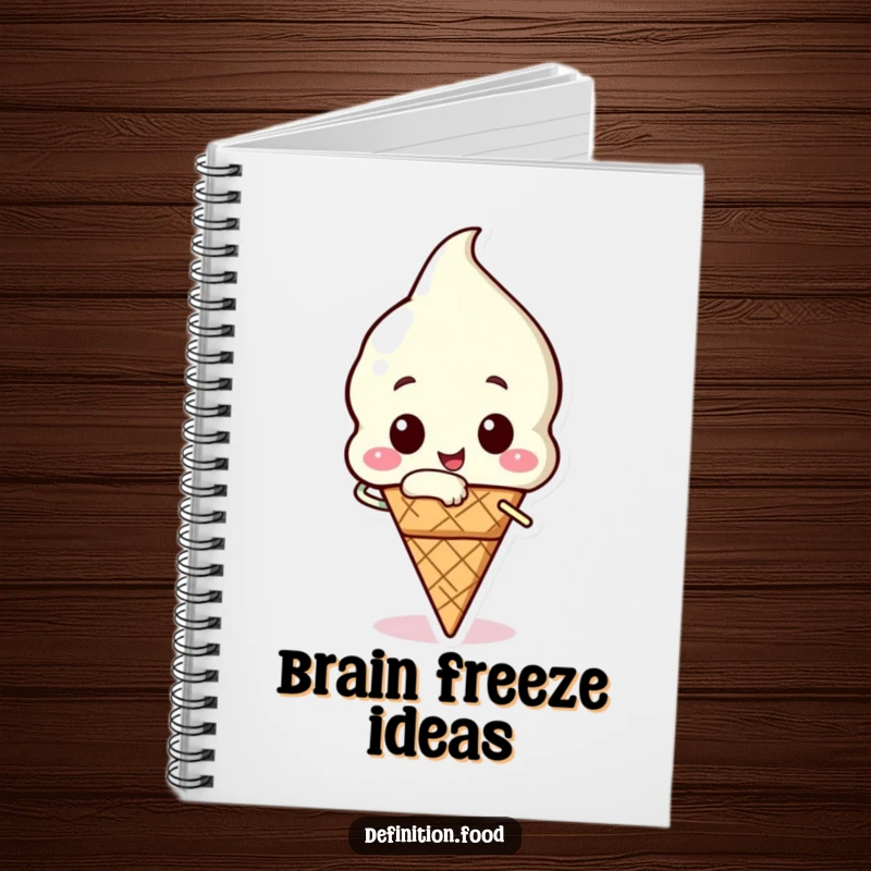 Funny ice cream notebook with a happy ice cream cone character taking a triumphant bite, perfect for notes and doodles.
