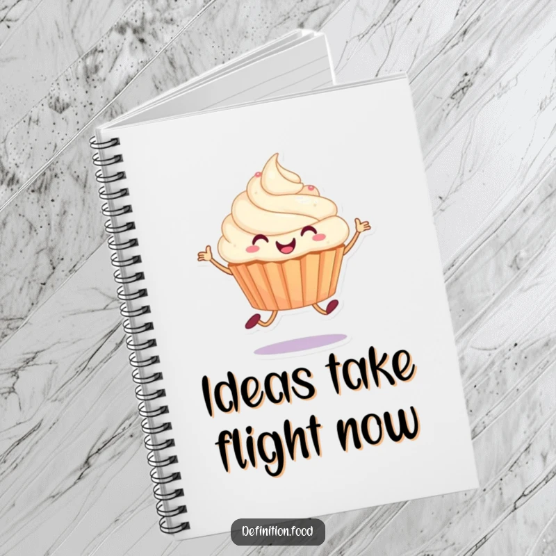 Funny notebook with a joyful cupcake character in a happy hop, ready to inspire your notes and ideas.