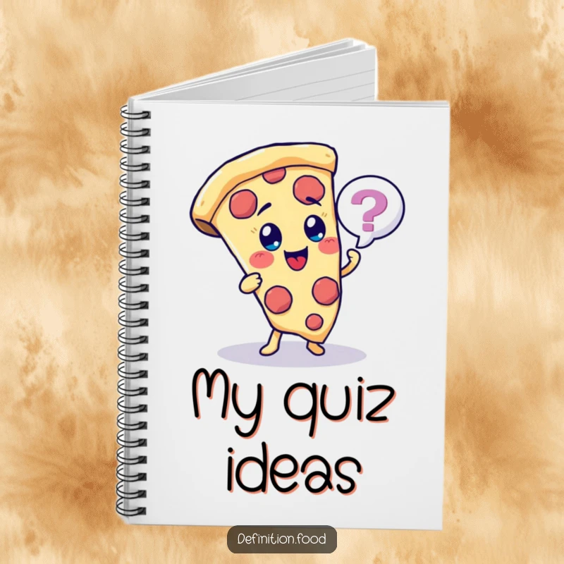 Funny pizza slice character notebook, posing a quiz, for jotting down answers.