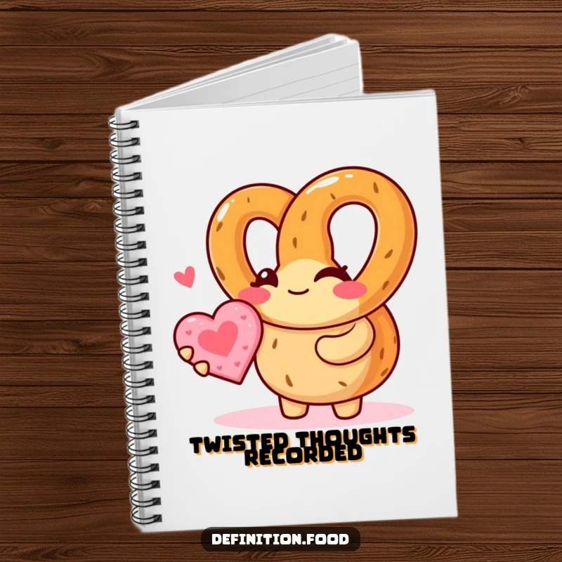 Funny pretzel character winking, holding a heart cookie on a lined notebook cover, great for journaling with a side of humor.