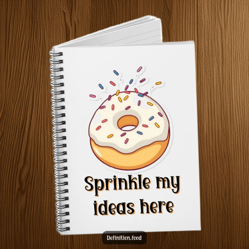 Funny notebook cover illustration of a doughnut character joyfully letting loose a vibrant explosion of sprinkles, perfect for note-taking.