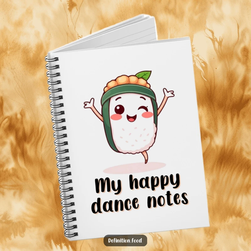 Funny notebook cover illustration of a happy sushi character dancing, perfect for note-taking and culinary inspiration.