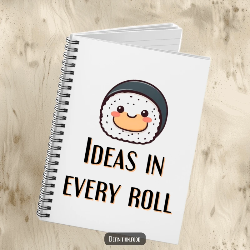 Funny sushi roll notebook, a cheerful sushi character presenting an abstract food shape, ideal for journaling.