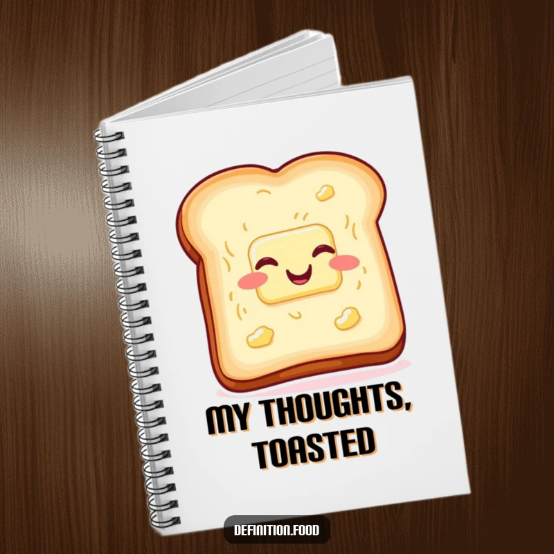 Funny toast and butter notebook, wiggling with glee, ideal for journaling with breakfast and humor. Ideal funny gift.