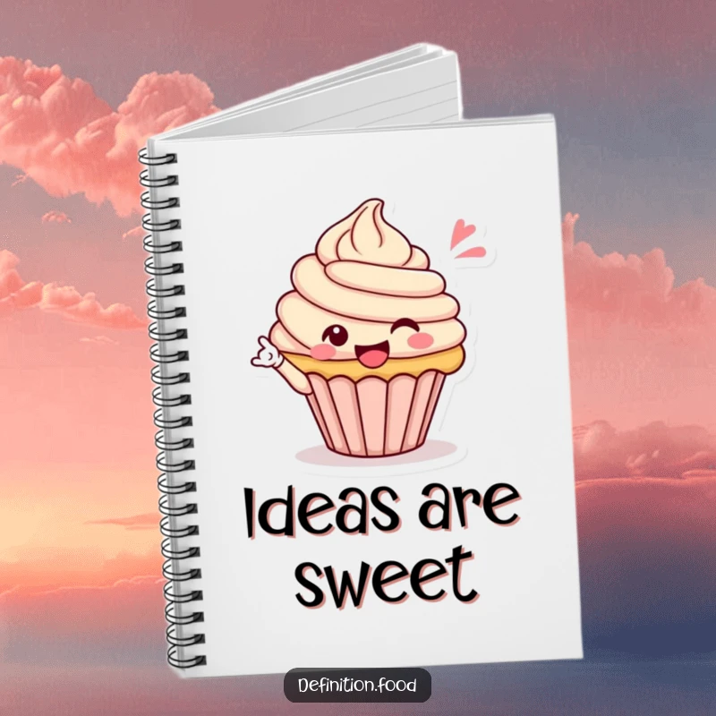 Funny notebook with a cheerful cupcake character giving a celebratory wink, perfect for notes and doodles, a funny gift for thinkers.